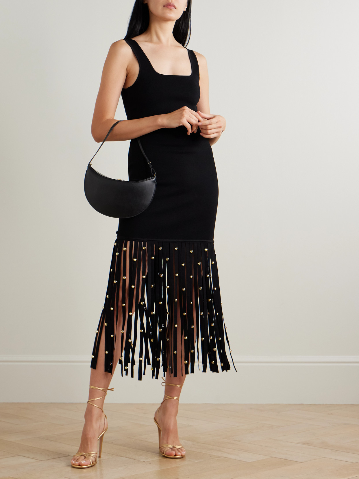 Simkhai Romelia Embellished Fringed Stretch-knit Midi Dress In Black