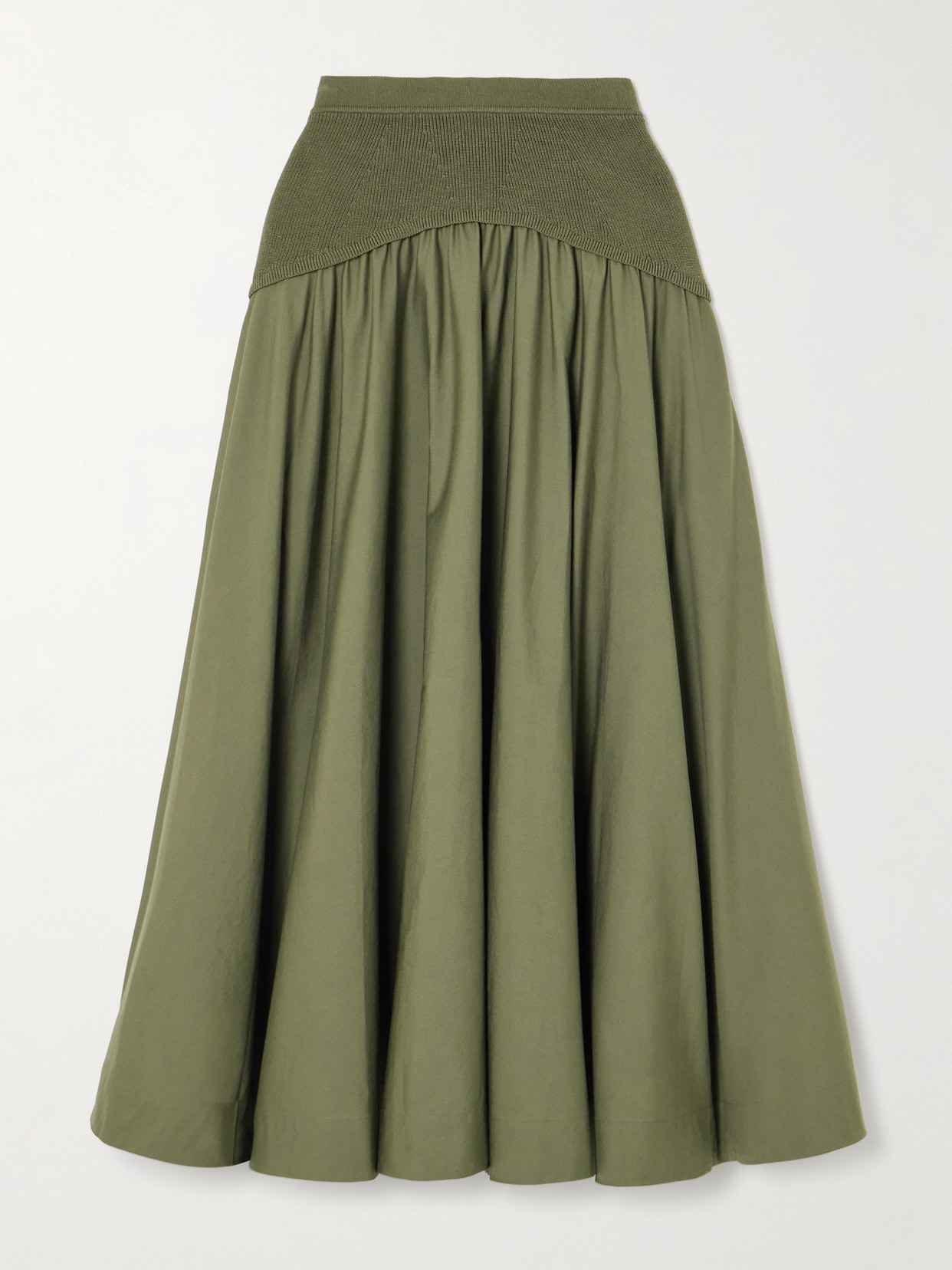 Simkhai Ovie Pleated Ribbed-knit Trimmed Cotton-poplin Midi Skirt In Green