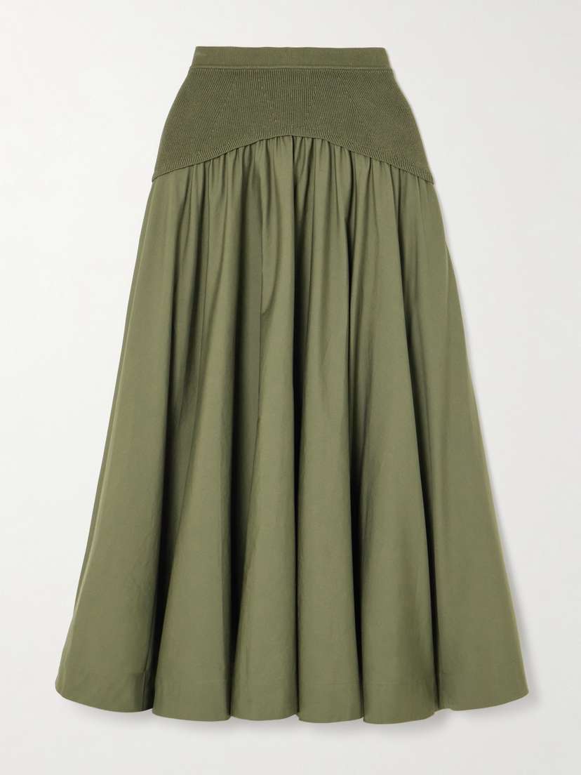 Simkhai Ovie Pleated Ribbed-knit Trimmed Cotton-poplin Midi Skirt