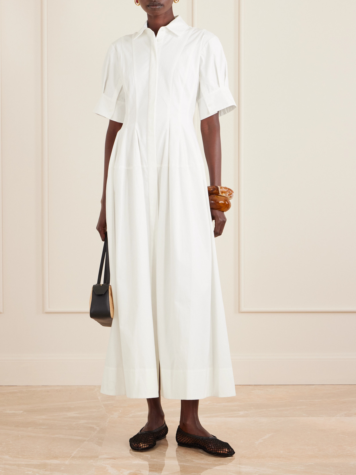 Simkhai Mollie Pleated Cotton-poplin Midi Shirt Dress In White