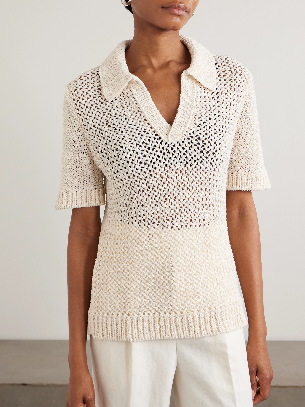 Open-Knit Polo Sweater