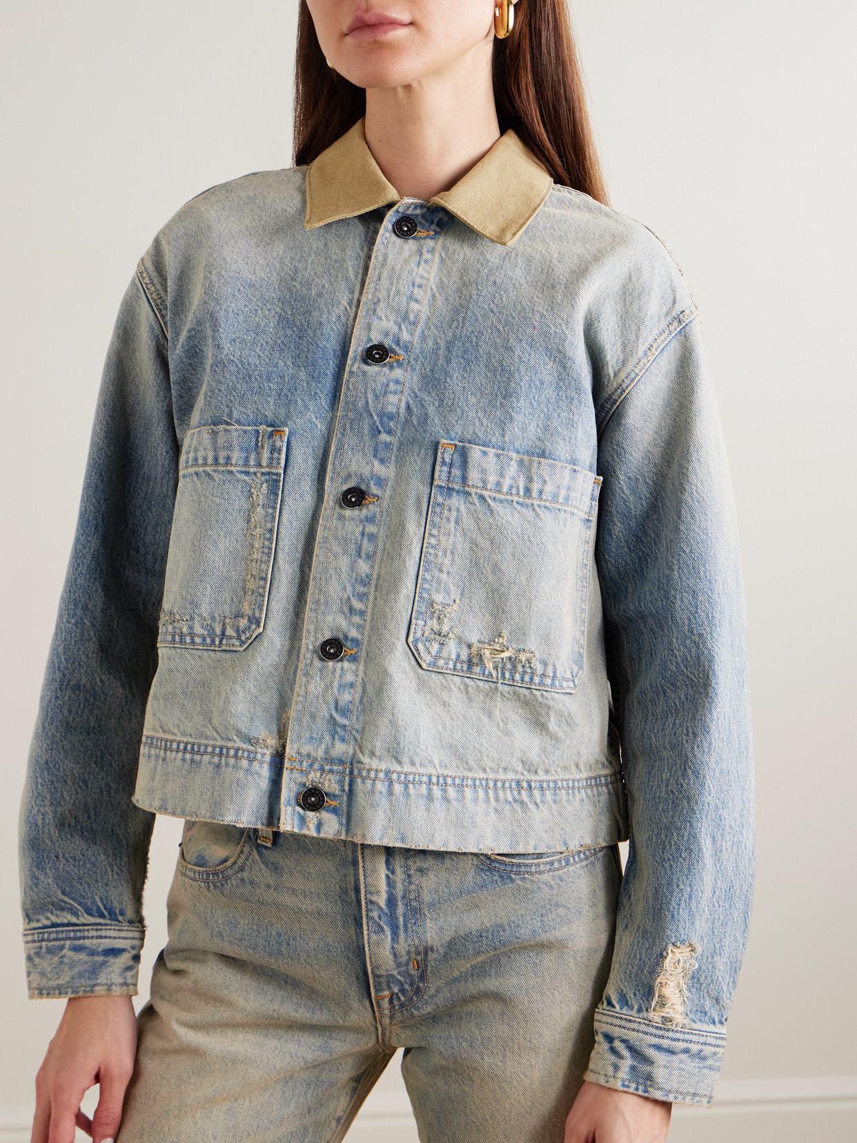 Thompson Canvas-Trimmed Distressed Denim Jacket