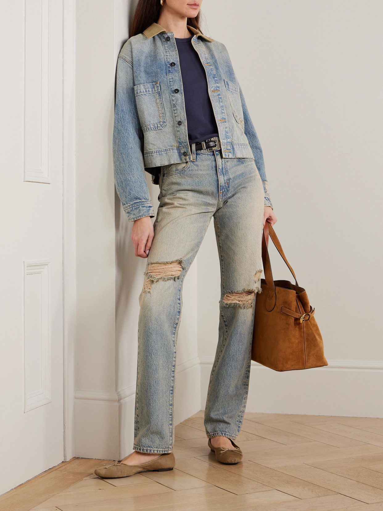 Thompson Canvas-Trimmed Distressed Denim Jacket