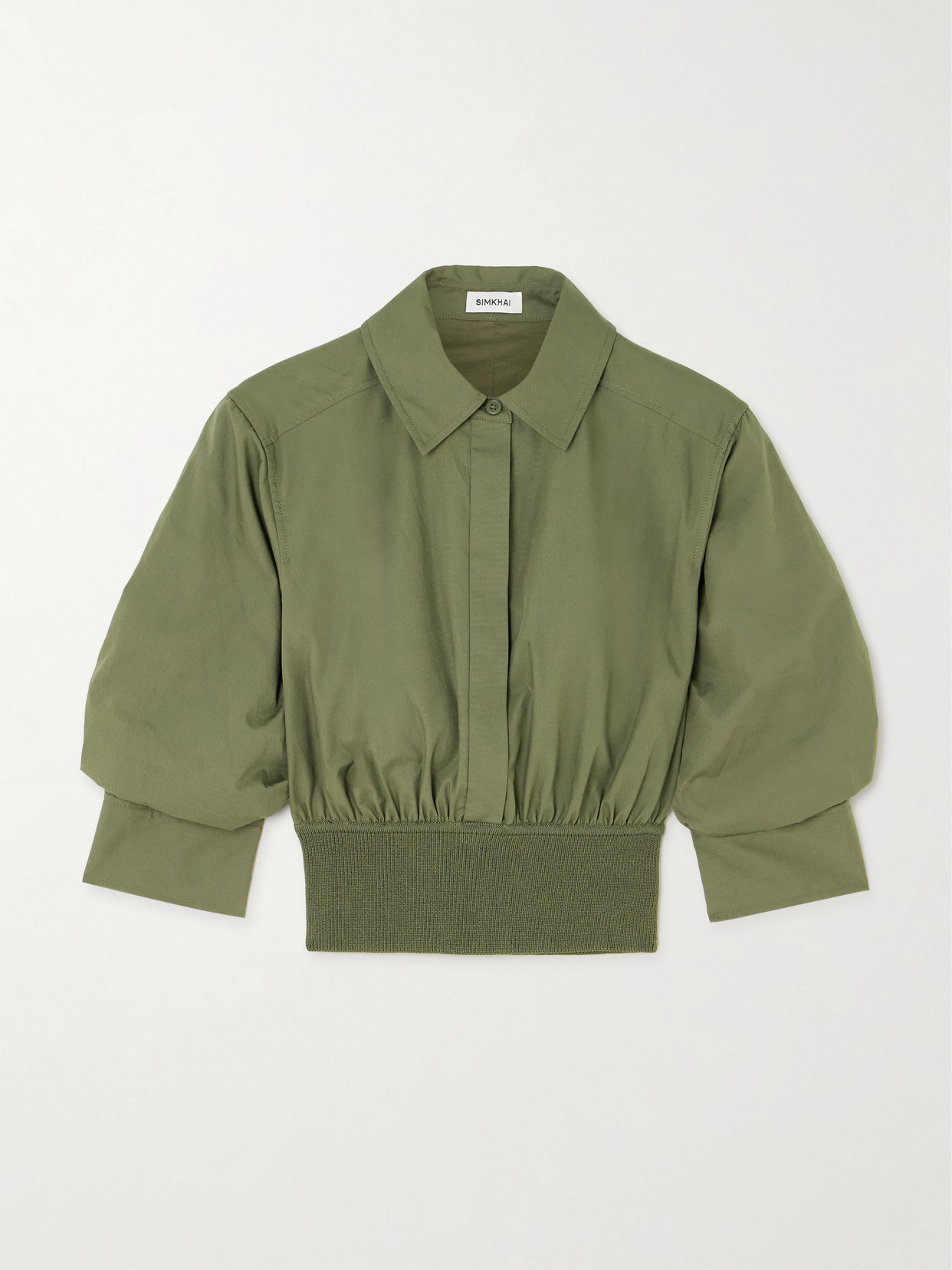 Simkhai Stiles Cropped Gathered Ribbed-knit Trimmed Cotton-poplin Shirt In Green