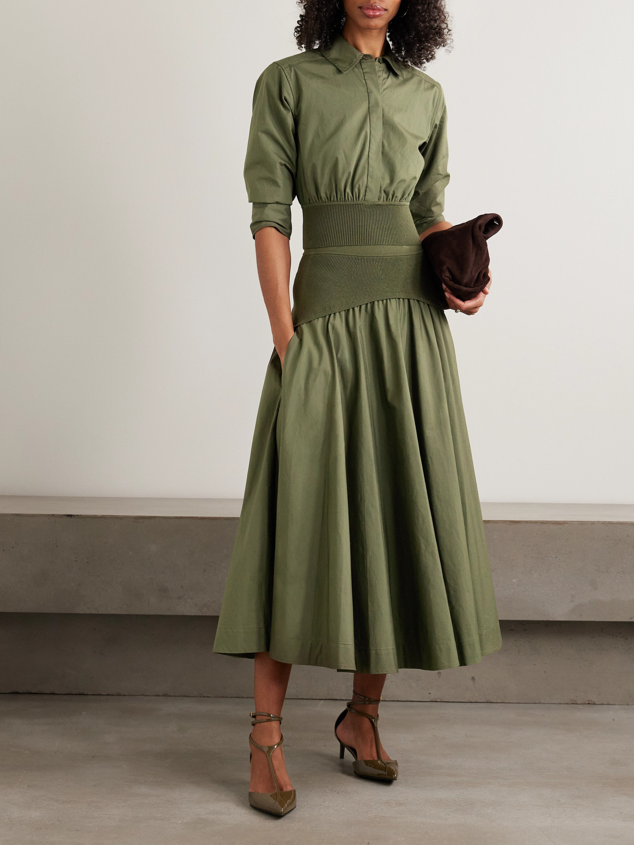 Stiles Cropped Gathered Ribbed-Knit Trimmed Cotton-Poplin Shirt