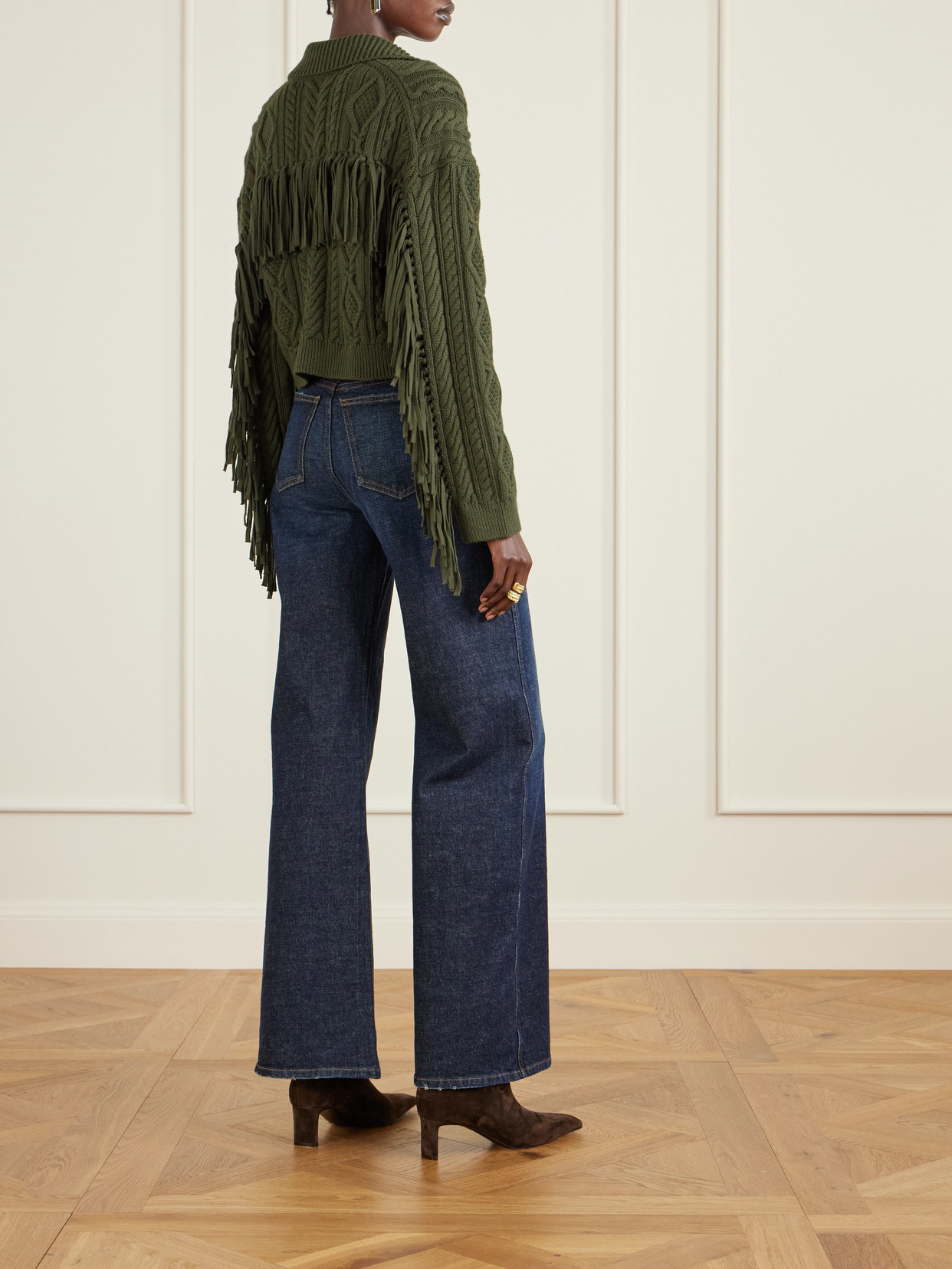 Simkhai Virginia Cropped Fringed Cable-knit Cotton And Wool-blend Cardigan In Green