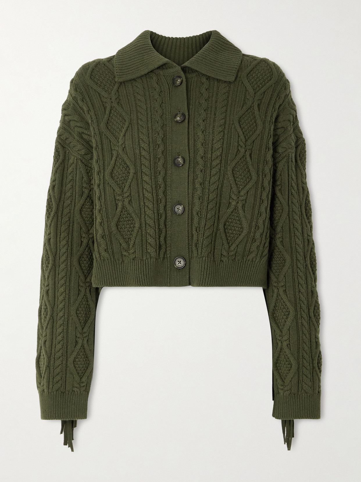Simkhai Virginia Cropped Fringed Cable-knit Cotton And Wool-blend Cardigan In Green