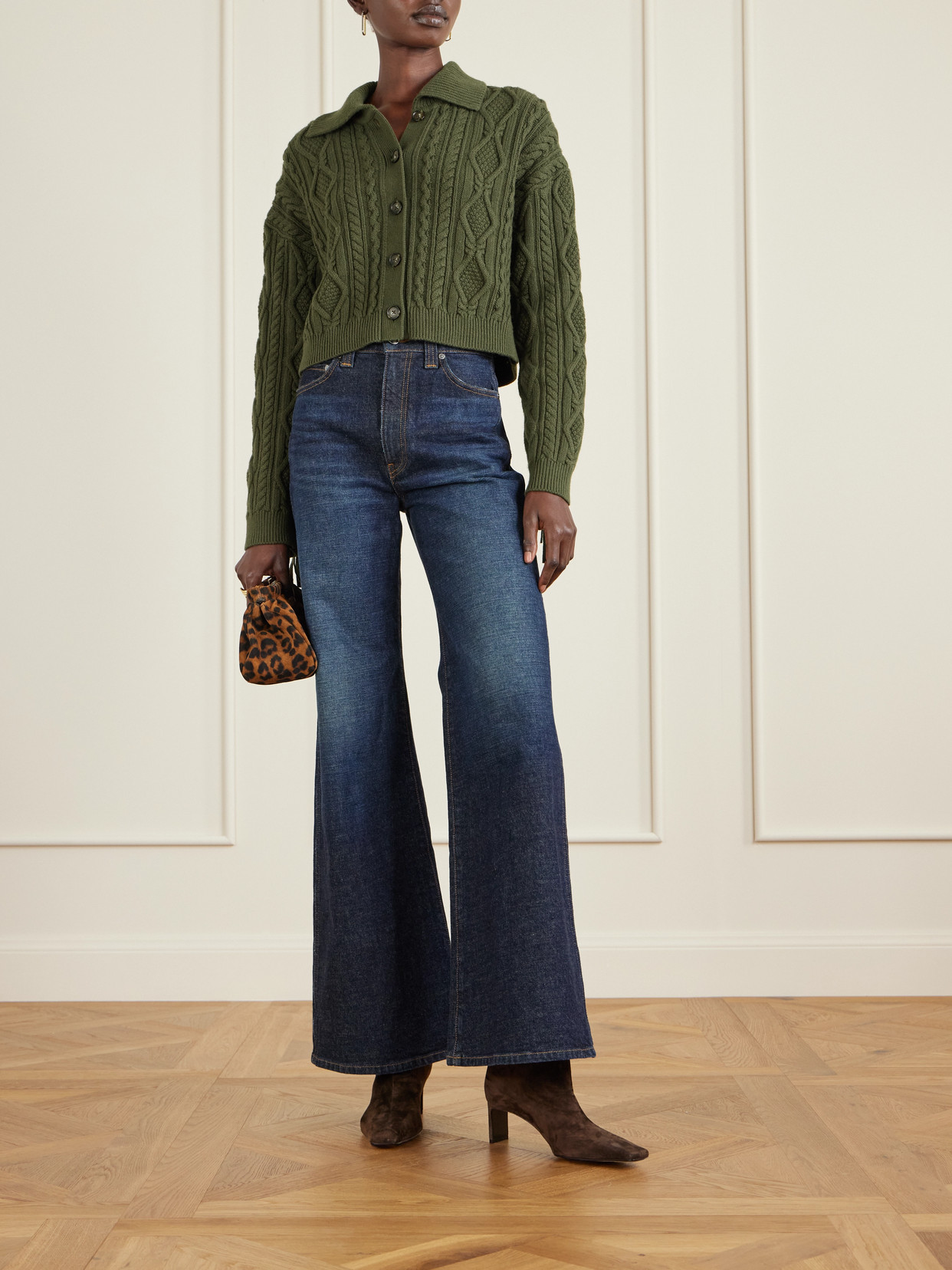 Simkhai Virginia Cropped Fringed Cable-knit Cotton And Wool-blend Cardigan In Green