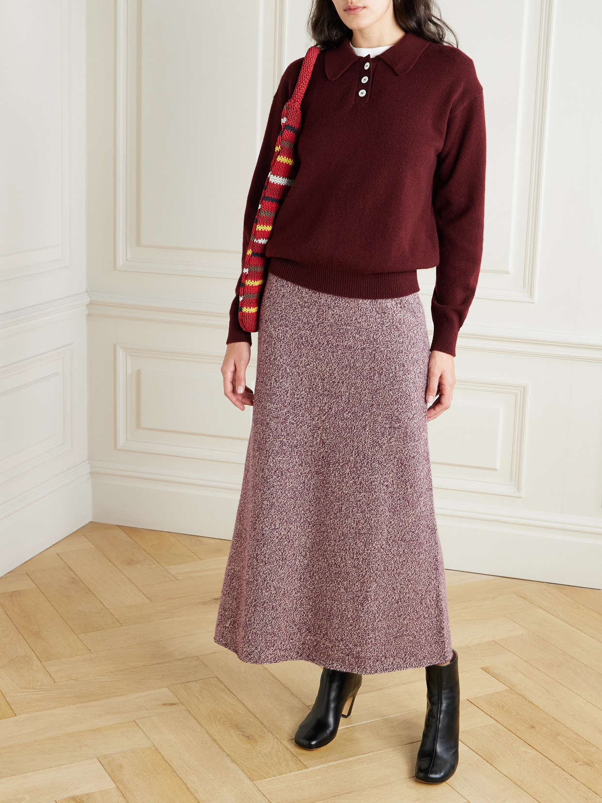 The Elder Statesman Marl Cashmere Midi Skirt In Burgundy
