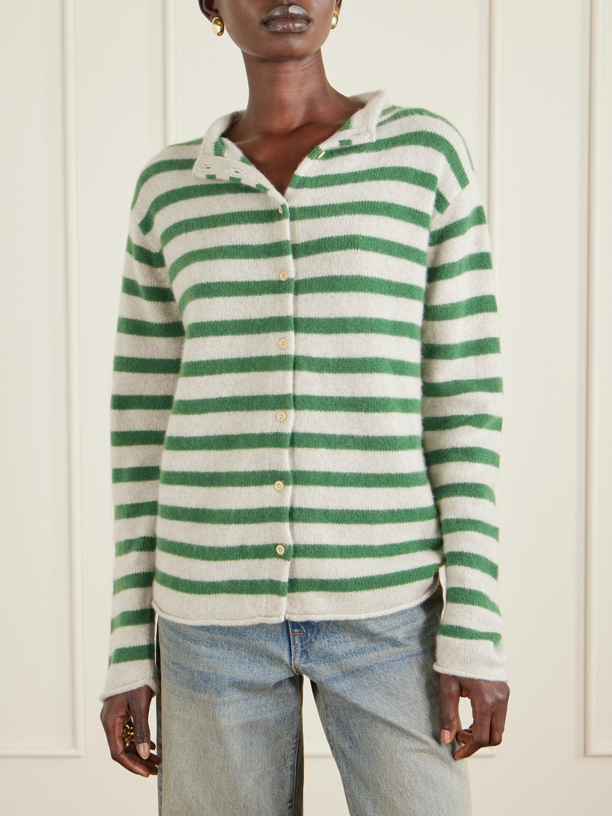 The Elder Statesman Cousteau Striped Cashmere Cardigan In Green