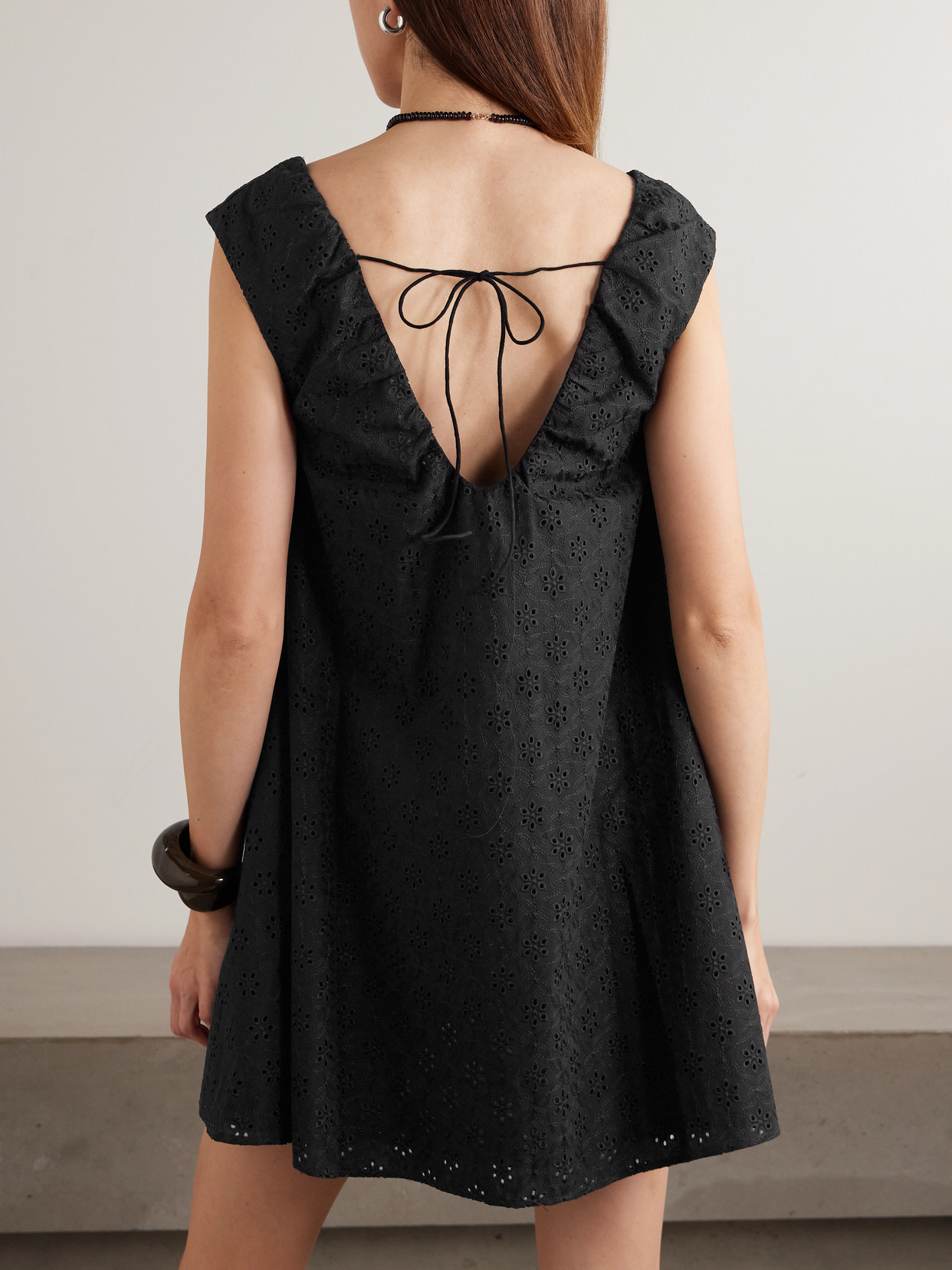 Faithfull Juana Tie-detailed Broderie Anglaise Mini Dress In Black