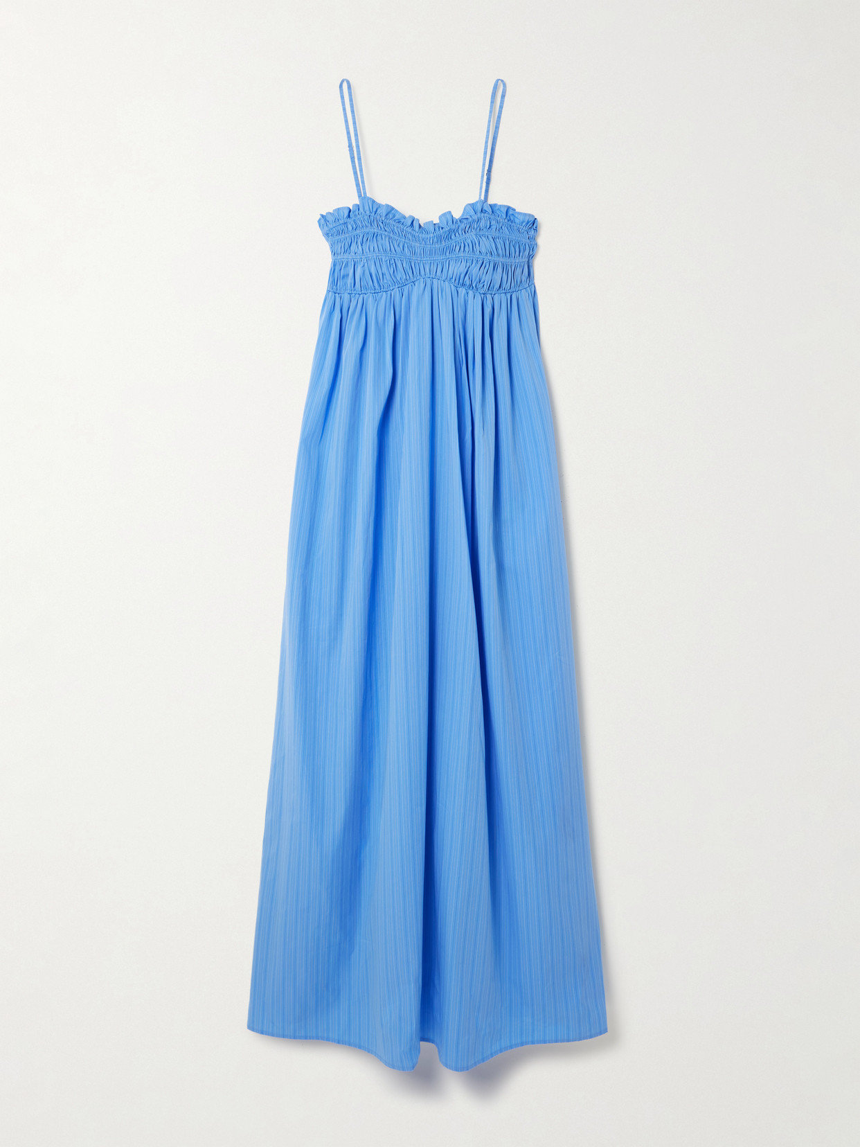 Faithfull Presa Shirred Ruffled Pinstriped Organic Cotton-poplin Maxi Dress In Blue