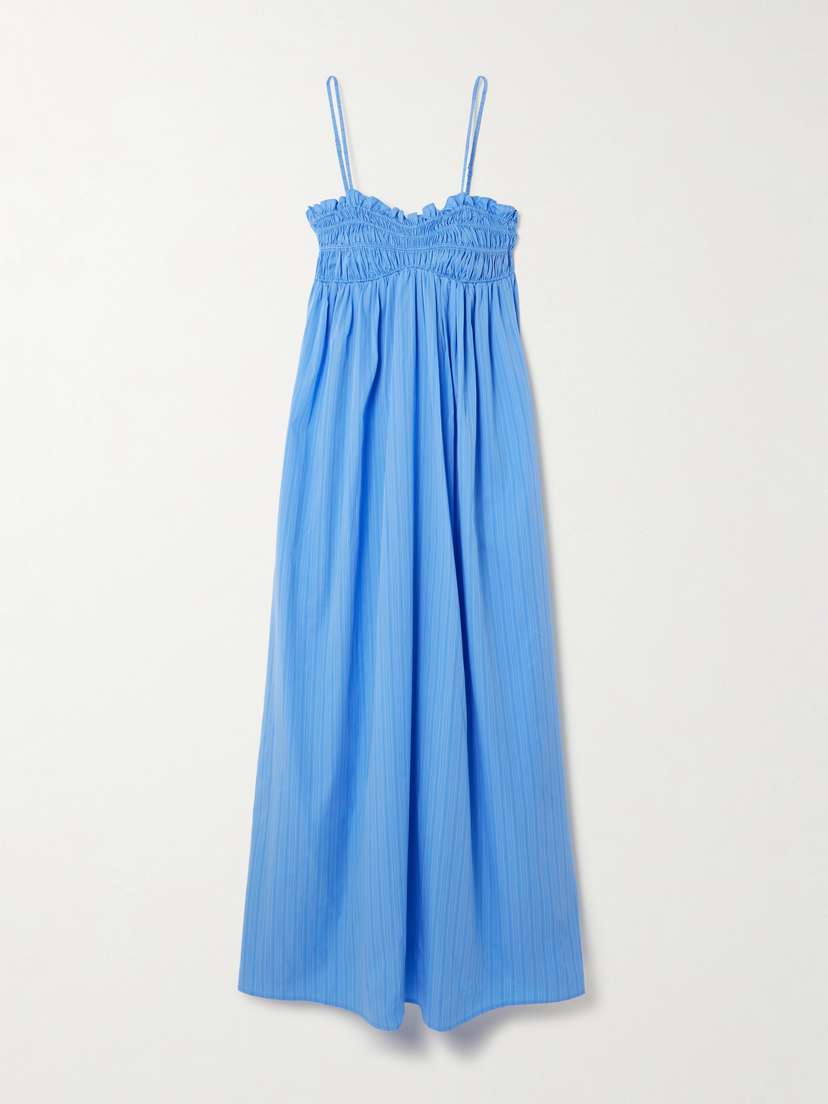 Faithfull Presa Shirred Ruffled Pinstriped Organic Cotton-poplin Maxi Dress