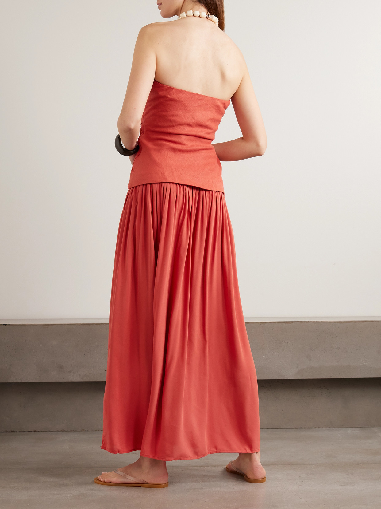 Faithfull Hedy Layered Gathered Linen And Crepe Maxi Dress In Red