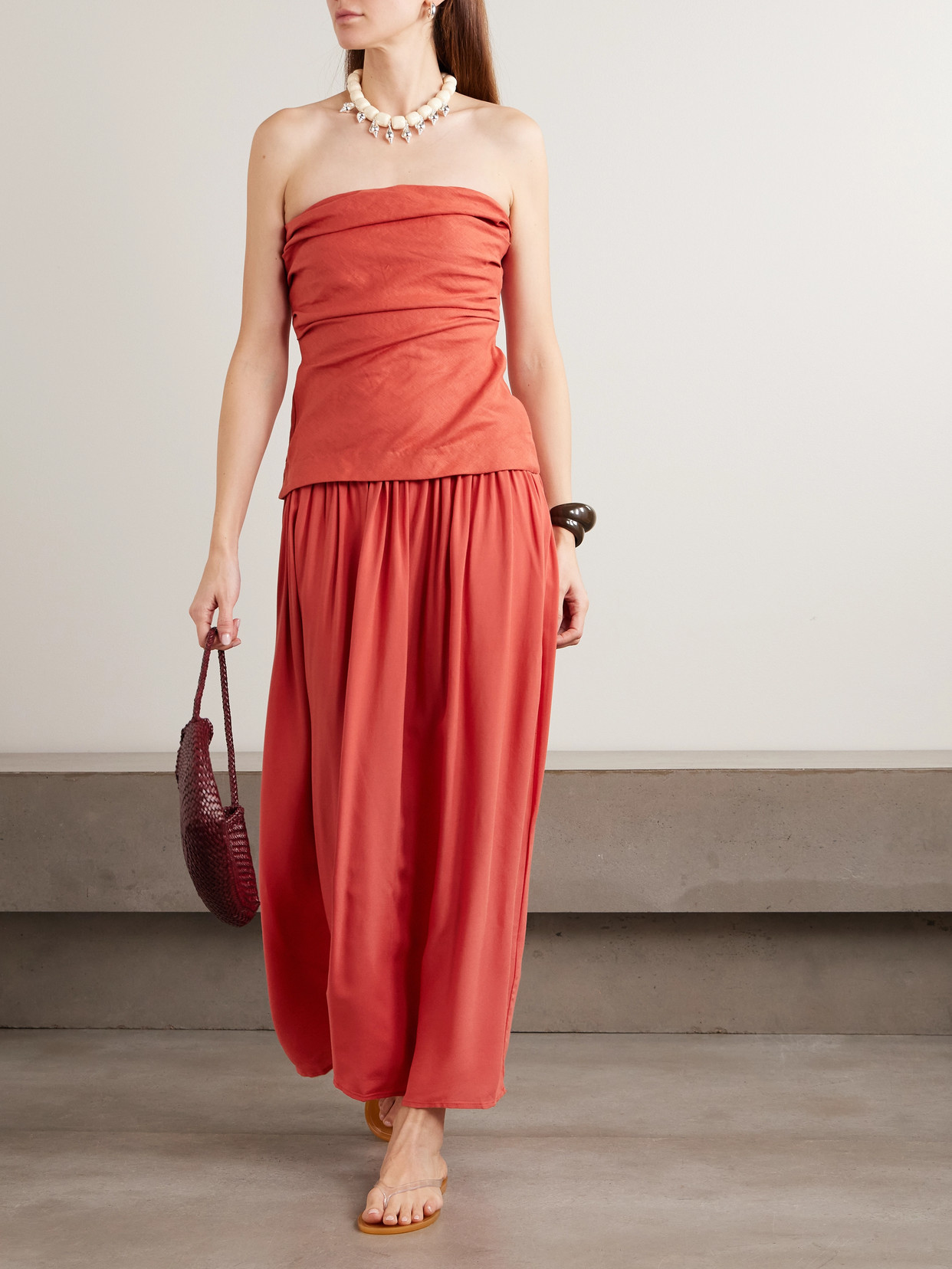 Faithfull Hedy Layered Gathered Linen And Crepe Maxi Dress In Red