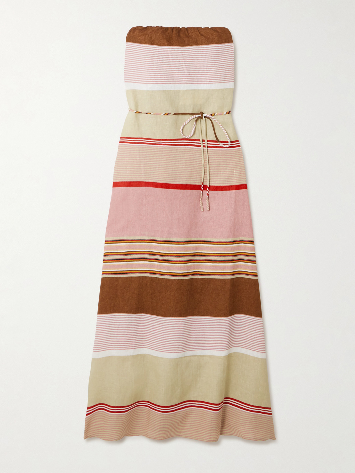 Faithfull Yolina Strapless Belted Striped Linen Maxi Dress In Multi