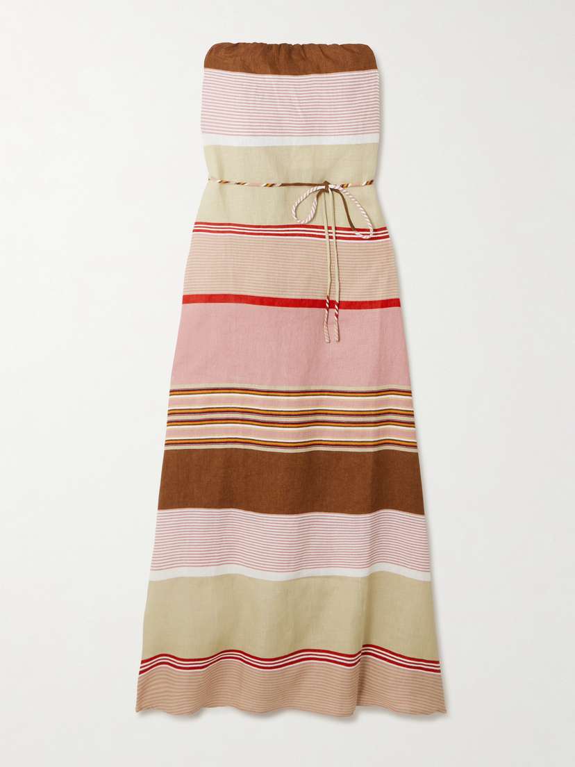 Faithfull Yolina Strapless Belted Striped Linen Maxi Dress