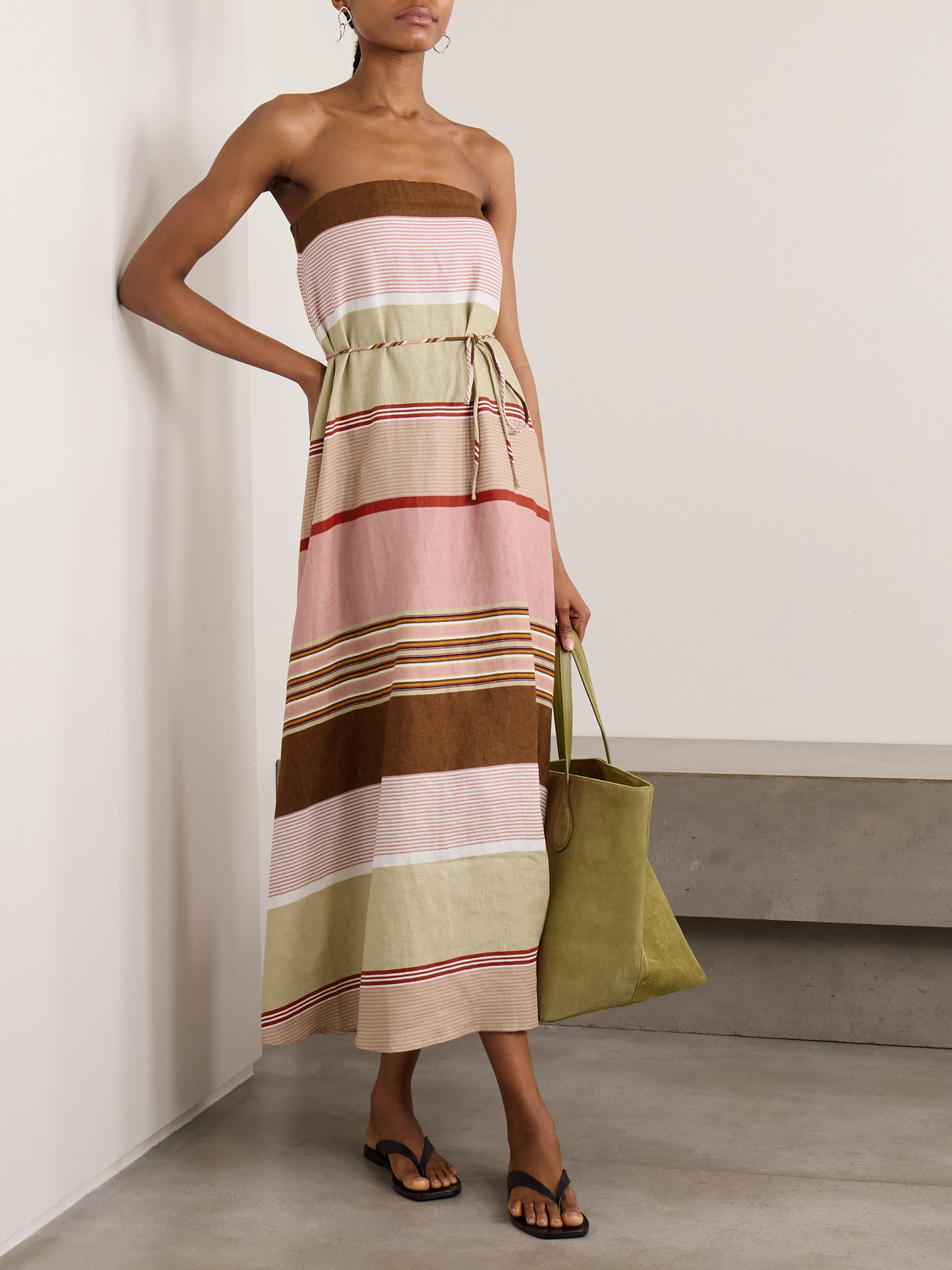 Faithfull Yolina Strapless Belted Striped Linen Maxi Dress In Multi