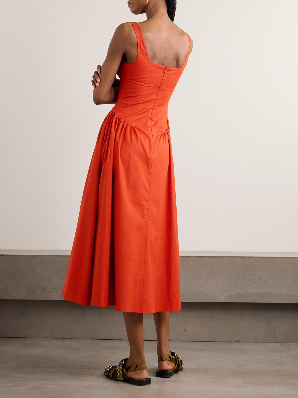 Faithfull Olas Gathered Cotton Midi Dress In Red