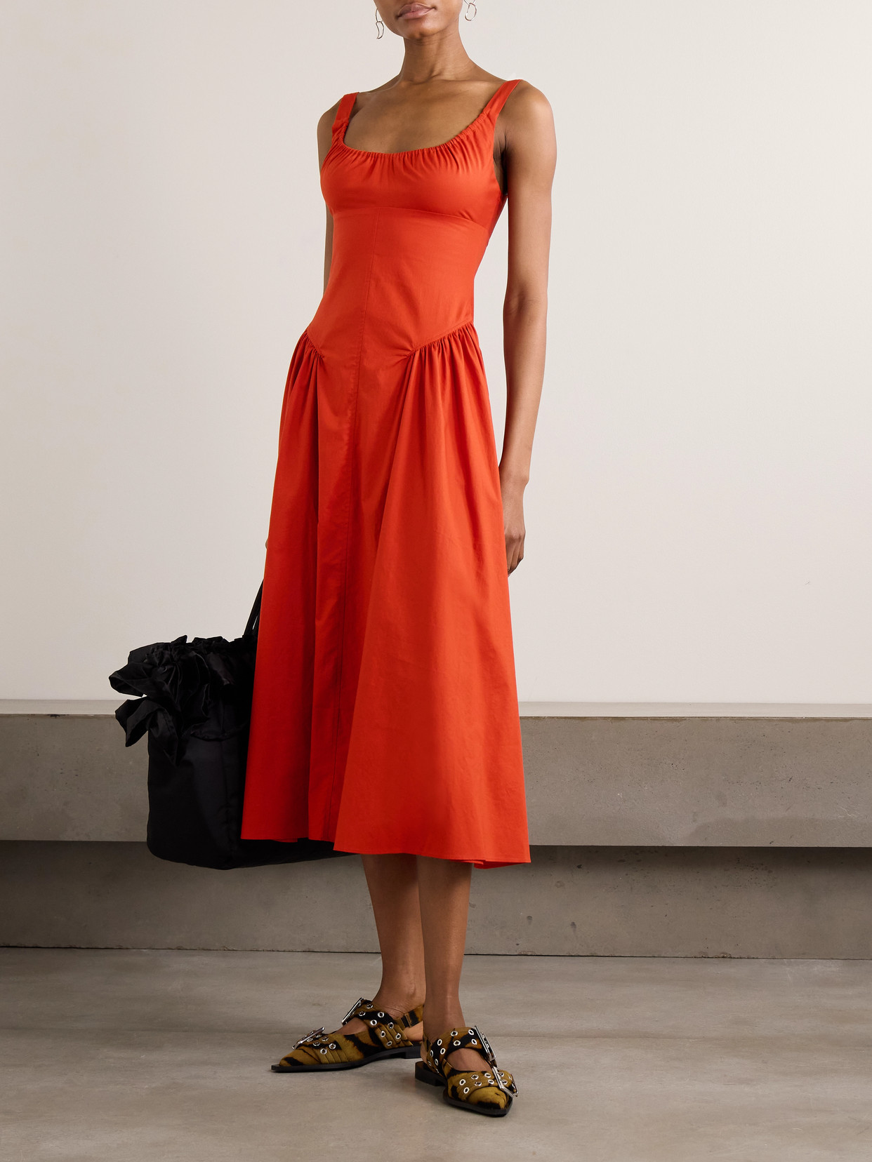 Faithfull Olas Gathered Cotton Midi Dress In Red