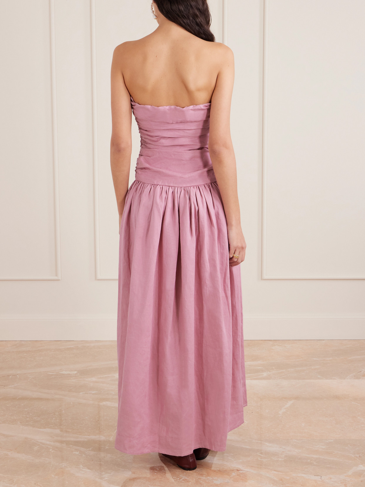 Faithfull Sacha Ruched Pleated Linen Maxi Dress In Pink