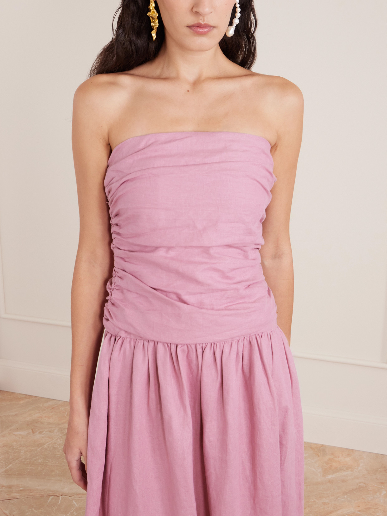 Faithfull Sacha Ruched Pleated Linen Maxi Dress In Pink