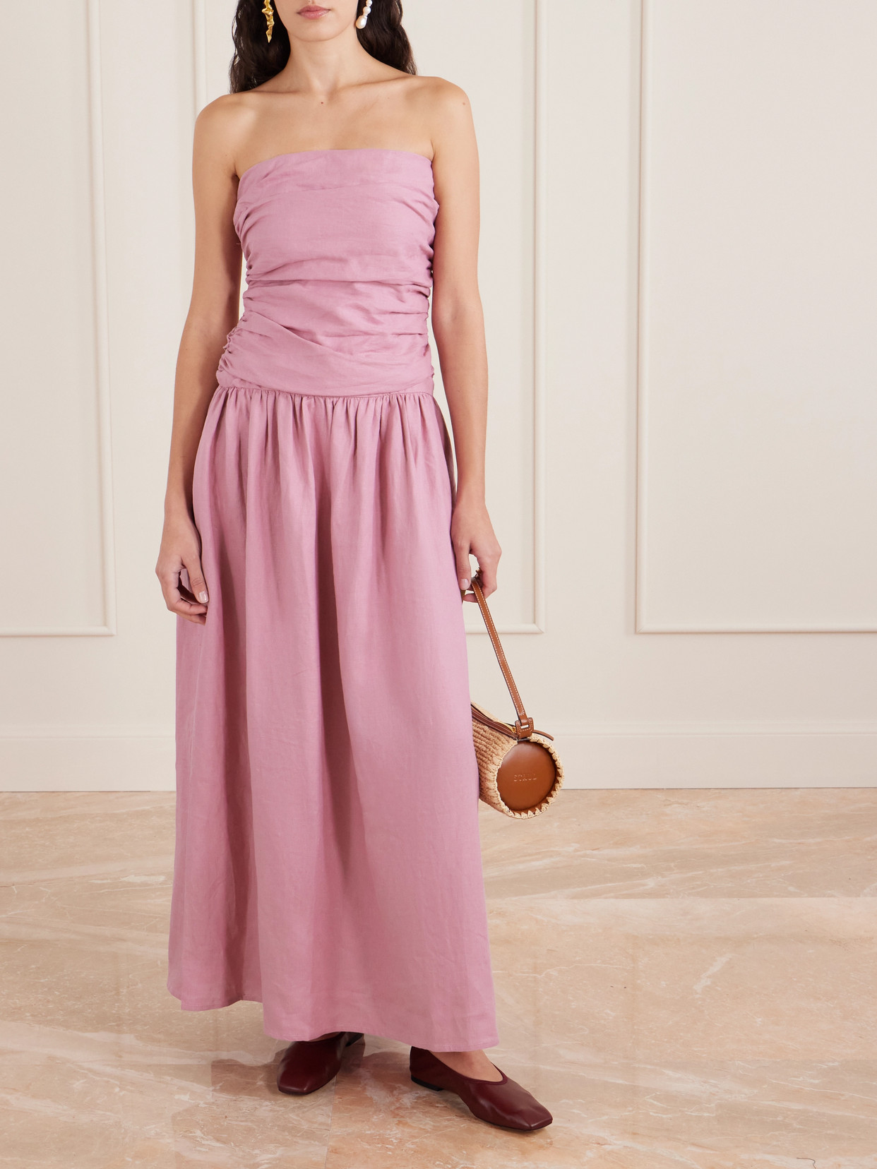 Faithfull Sacha Ruched Pleated Linen Maxi Dress In Pink