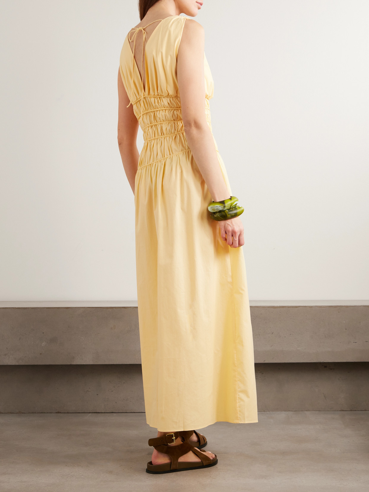 Faithfull Saja Tie-detailed Ruched Cotton Maxi Dress In Yellow