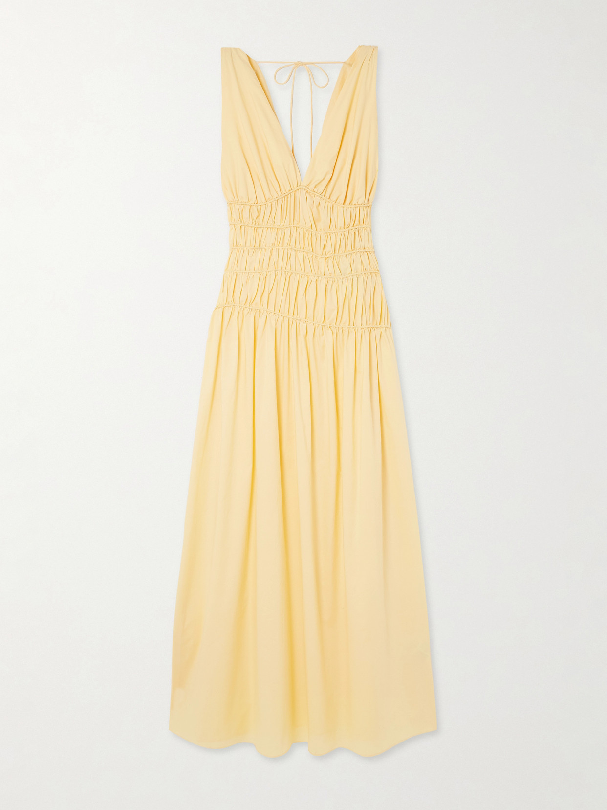 Faithfull Saja Tie-detailed Ruched Cotton Maxi Dress In Yellow