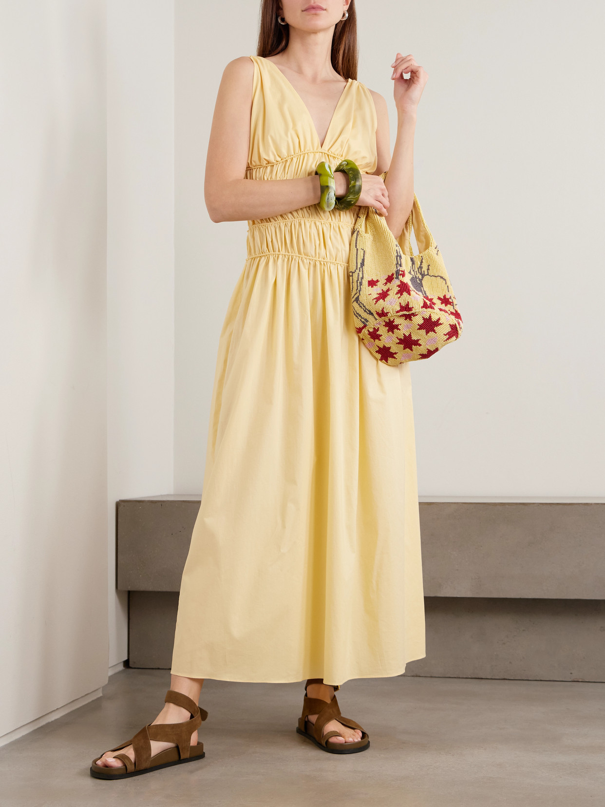 Faithfull Saja Tie-detailed Ruched Cotton Maxi Dress In Yellow