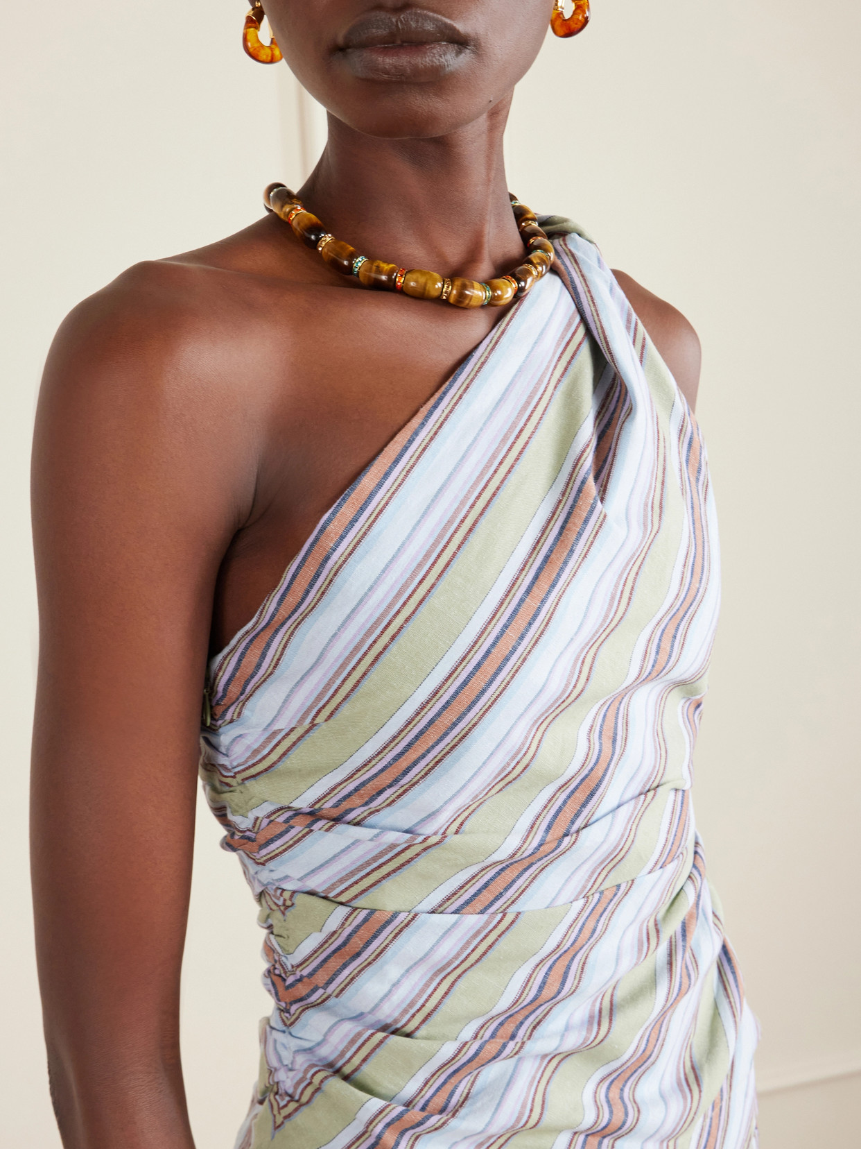 Aurora One-Shoulder Gathered Striped Cotton And Linen-Blend Top