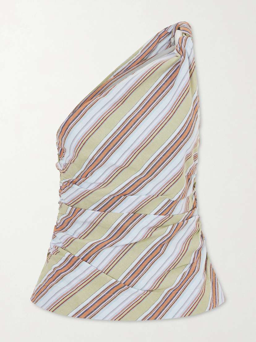 Faithfull Aurora One-shoulder Gathered Striped Cotton And Linen-blend Top