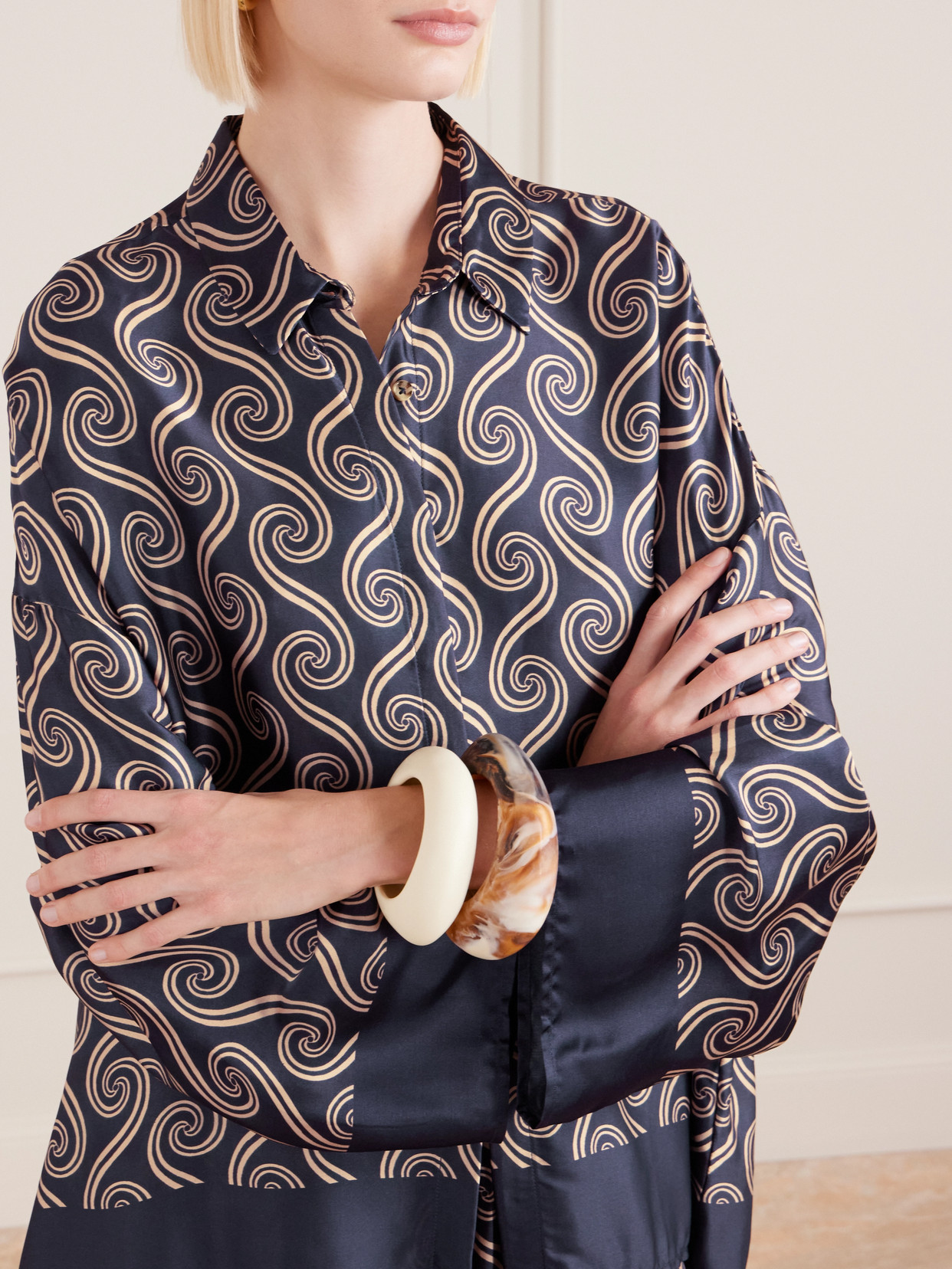 Faithfull Cora Printed Satin Shirt In Blue