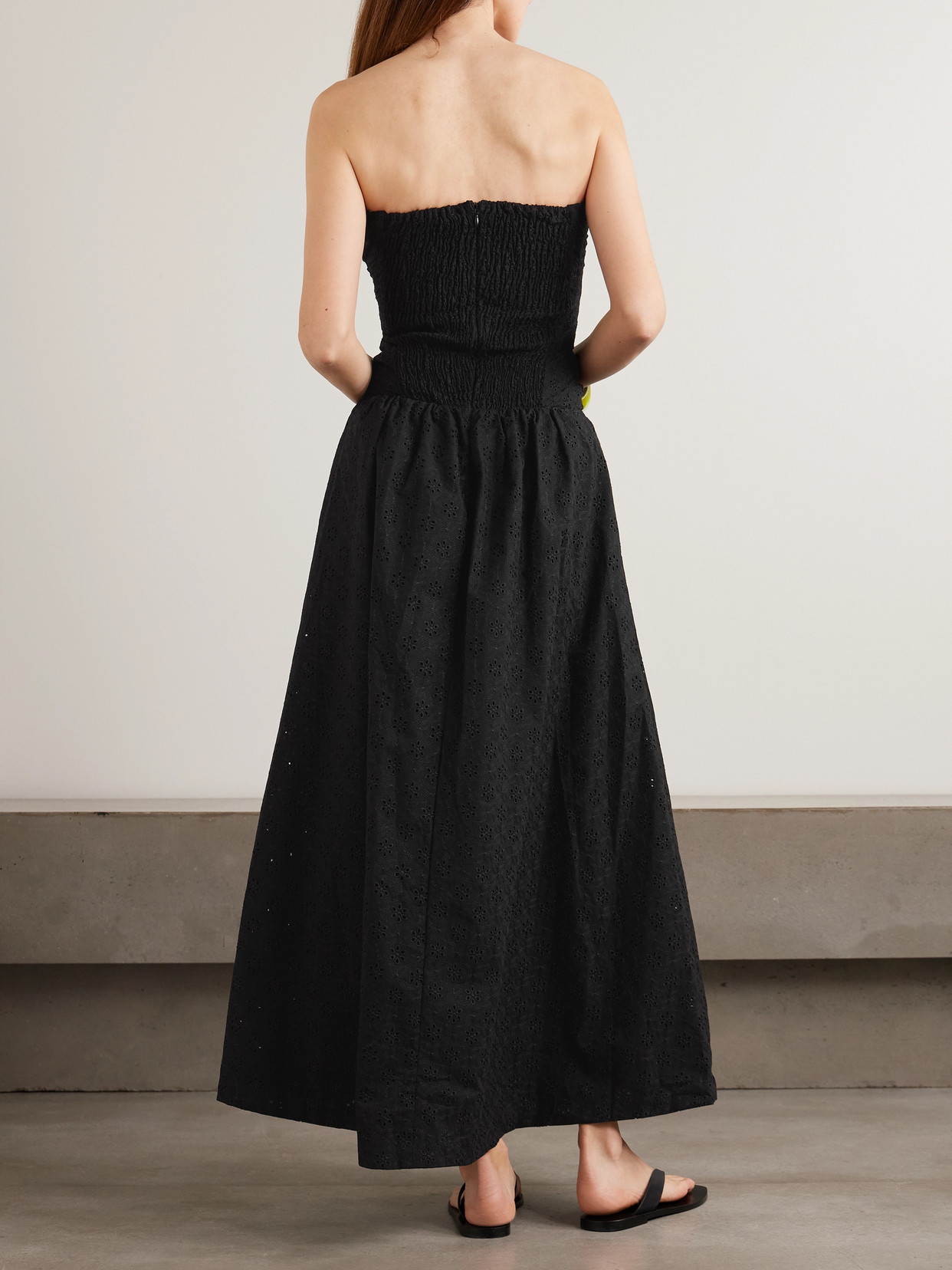Faithfull Lia Strapless Ruched Broderie Anglaise Maxi Dress In Black
