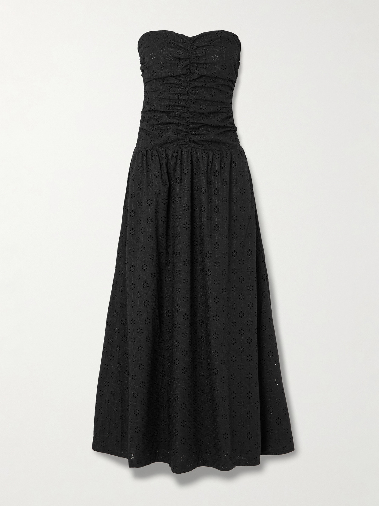 Faithfull Lia Strapless Ruched Broderie Anglaise Maxi Dress In Black