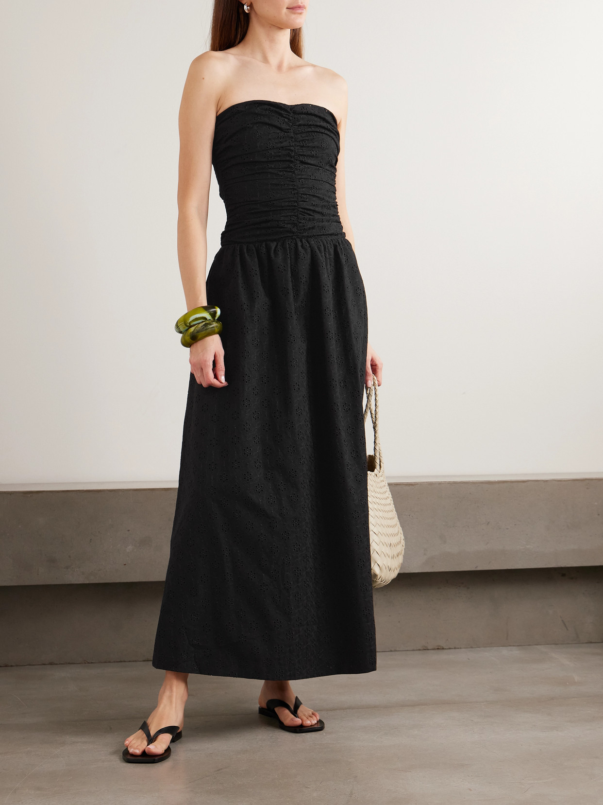 Faithfull Lia Strapless Ruched Broderie Anglaise Maxi Dress In Black