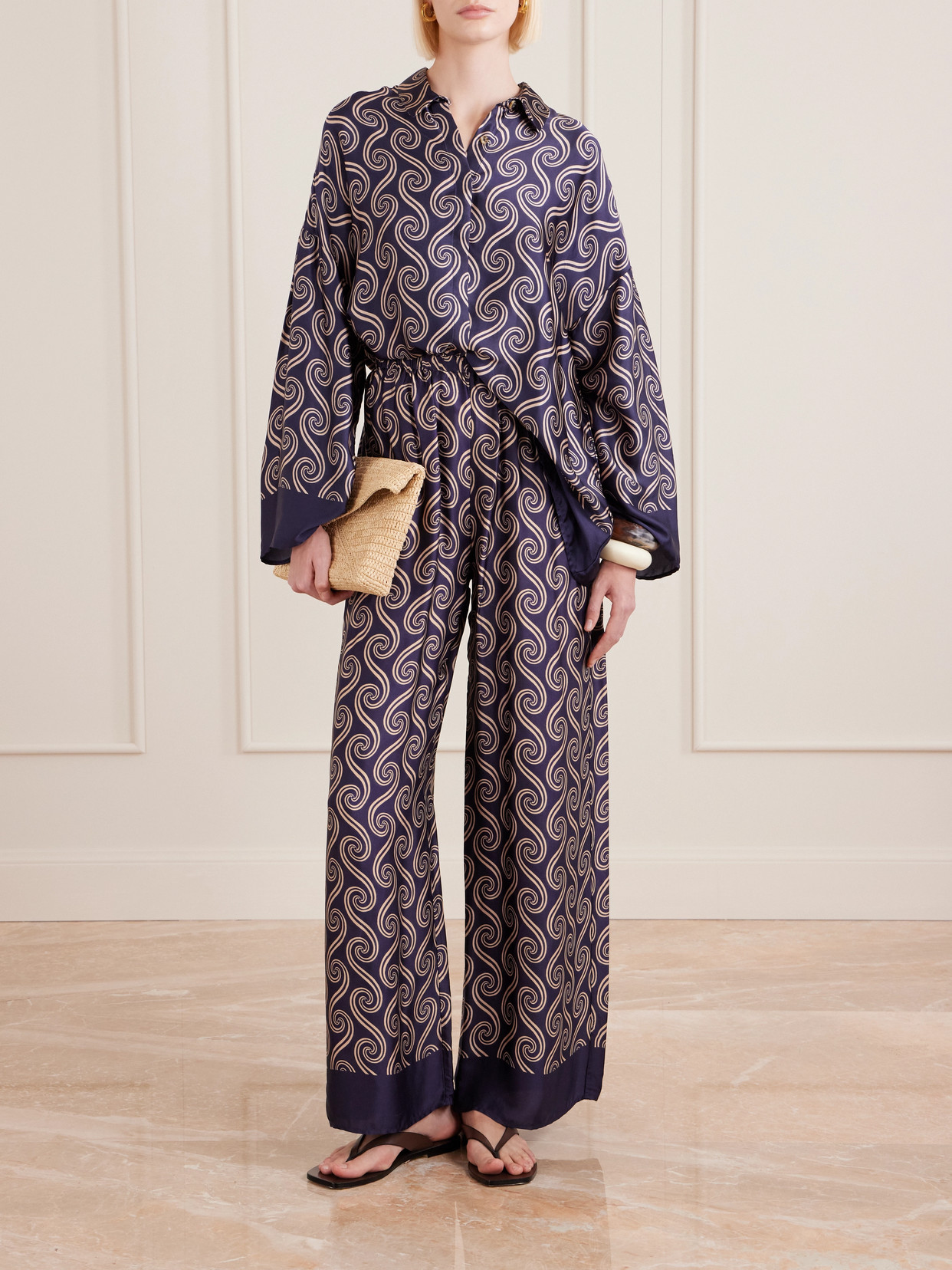 Faithfull Jensen Printed Satin Wide-leg Pants In Blue