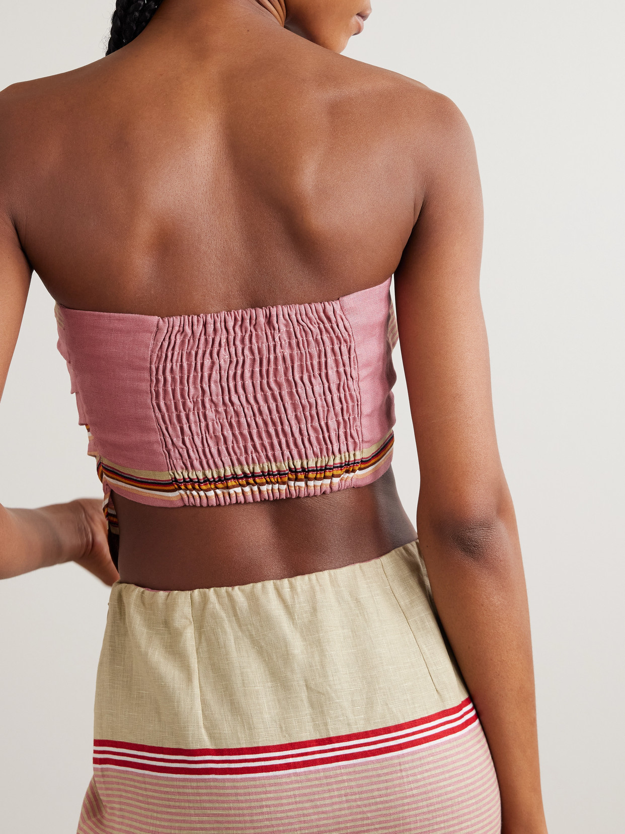 Faithfull Ebbe Shirred Striped Linen Bandeau Top In Multi