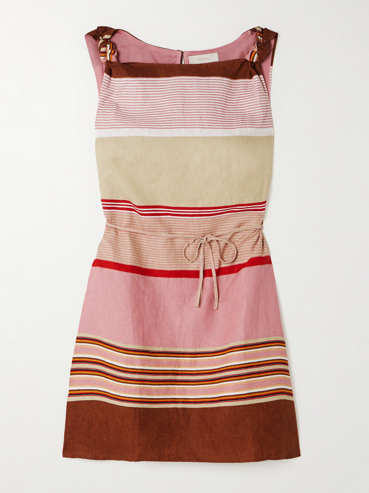 Faithfull Flor Belted Striped Linen Mini Dress In Pink