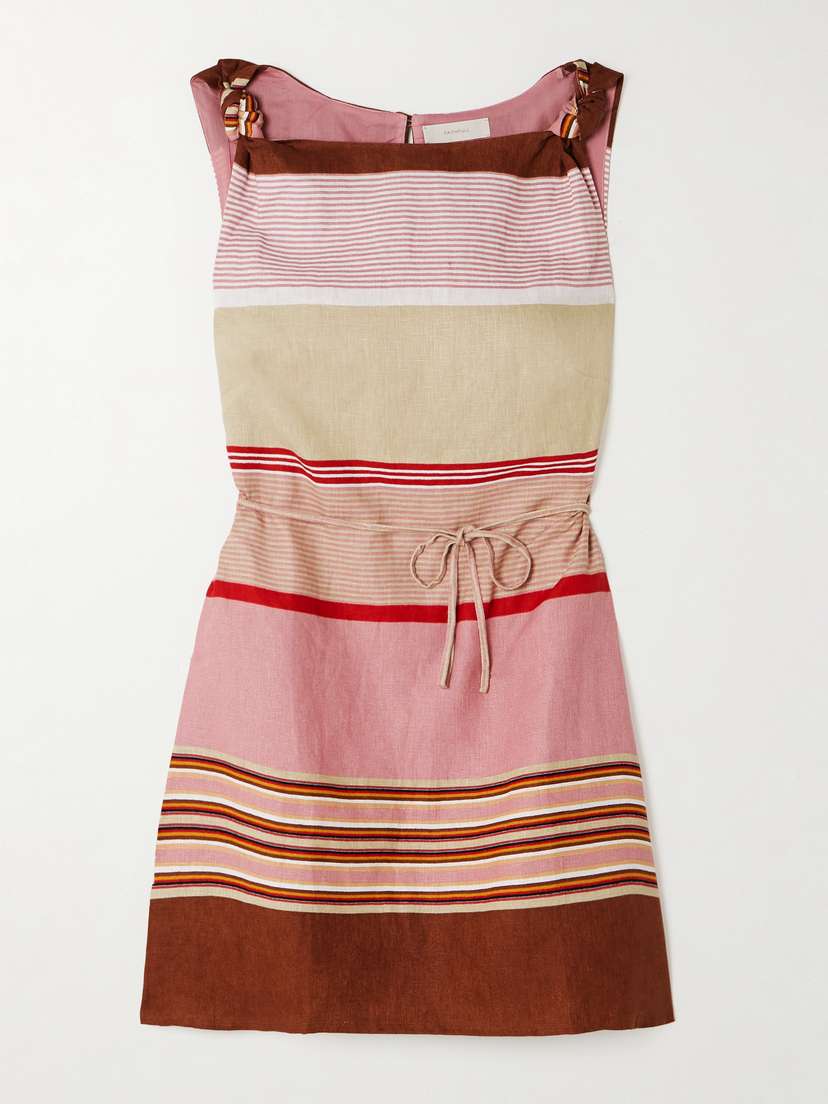 Faithfull Flor Belted Striped Linen Mini Dress