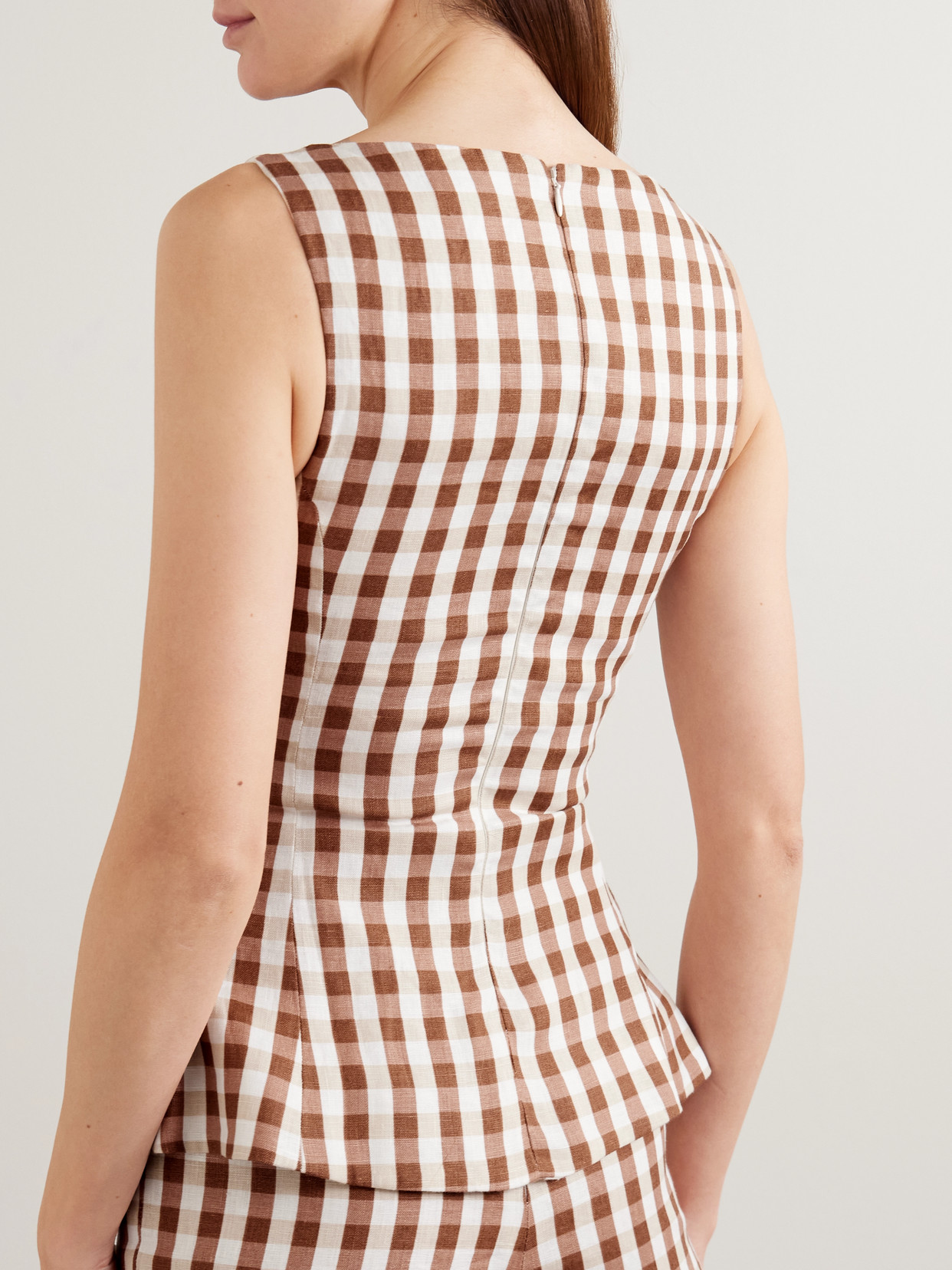 Faithfull Ana Gingham Linen Peplum Top In Brown
