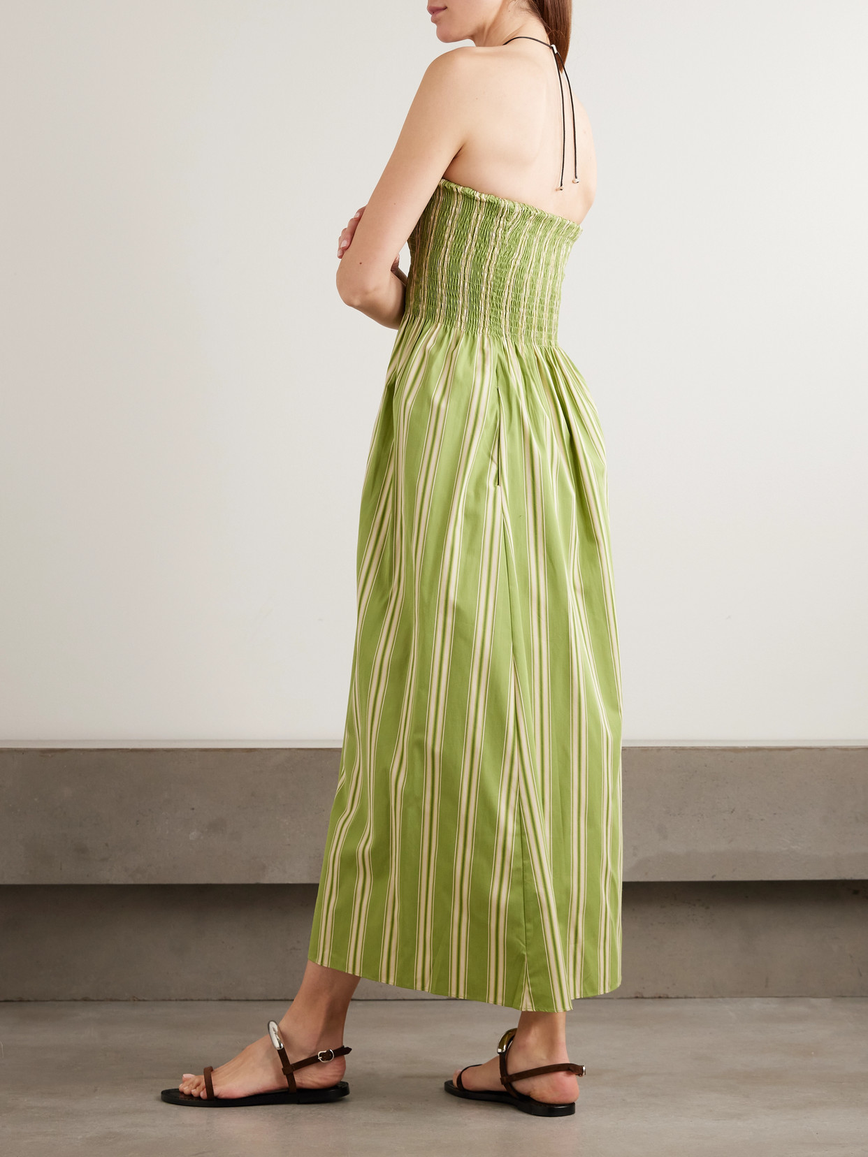 Faithfull Jamie Strapless Striped Shirred Cotton-poplin Midi Dress In Gray