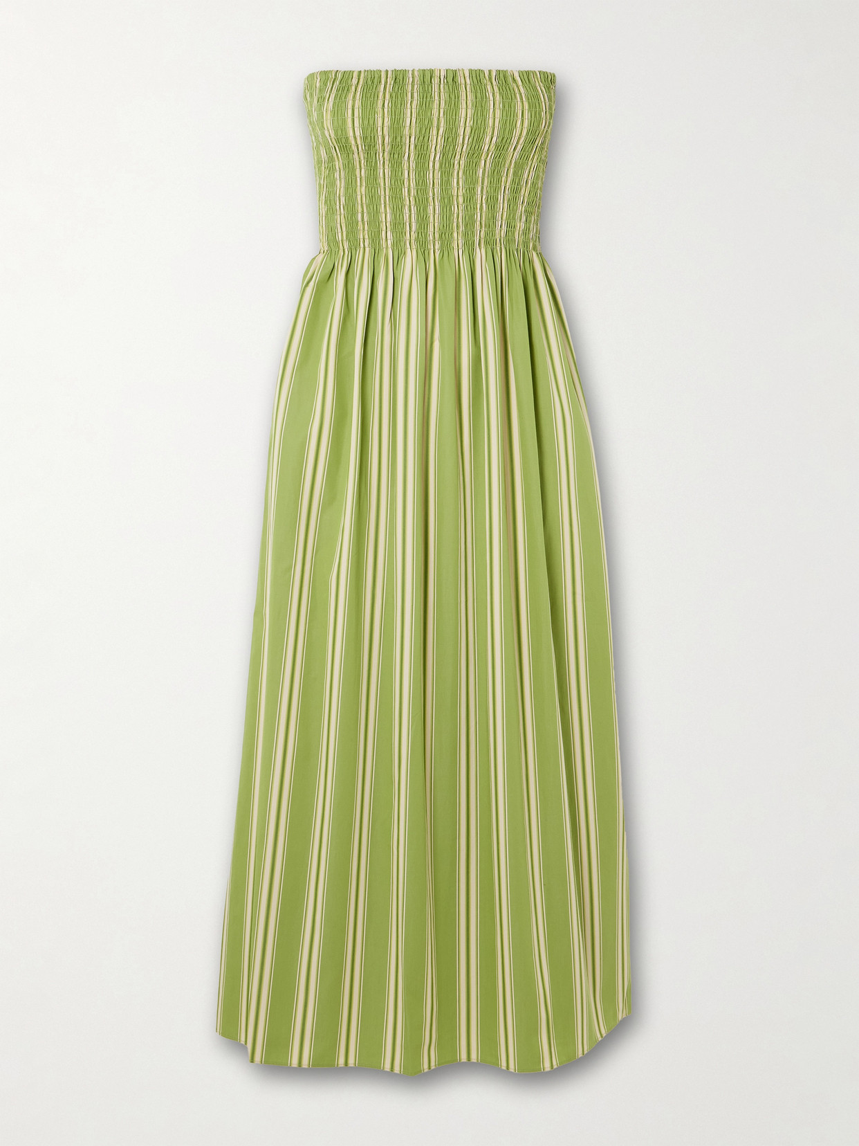 Faithfull Jamie Strapless Striped Shirred Cotton-poplin Midi Dress In Green