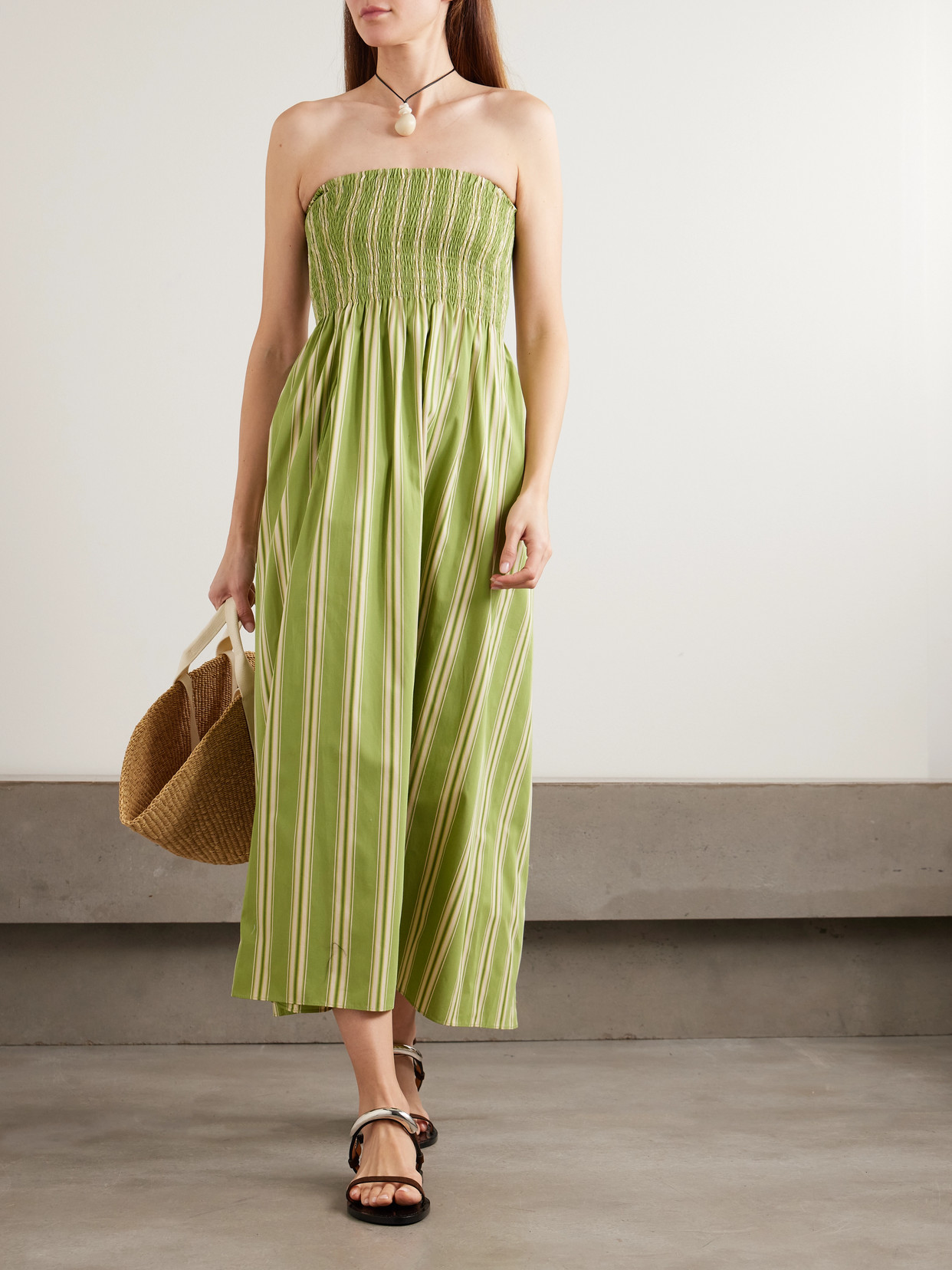 Faithfull Jamie Strapless Striped Shirred Cotton-poplin Midi Dress In Gray