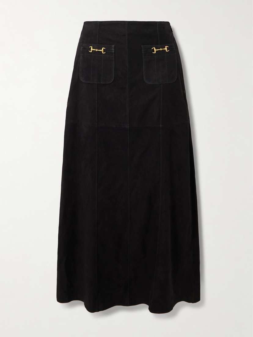 Rixo Edwina Embellished Paneled Suede Midi Skirt