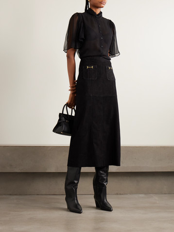 RIXO Edwina embellished paneled suede midi skirt