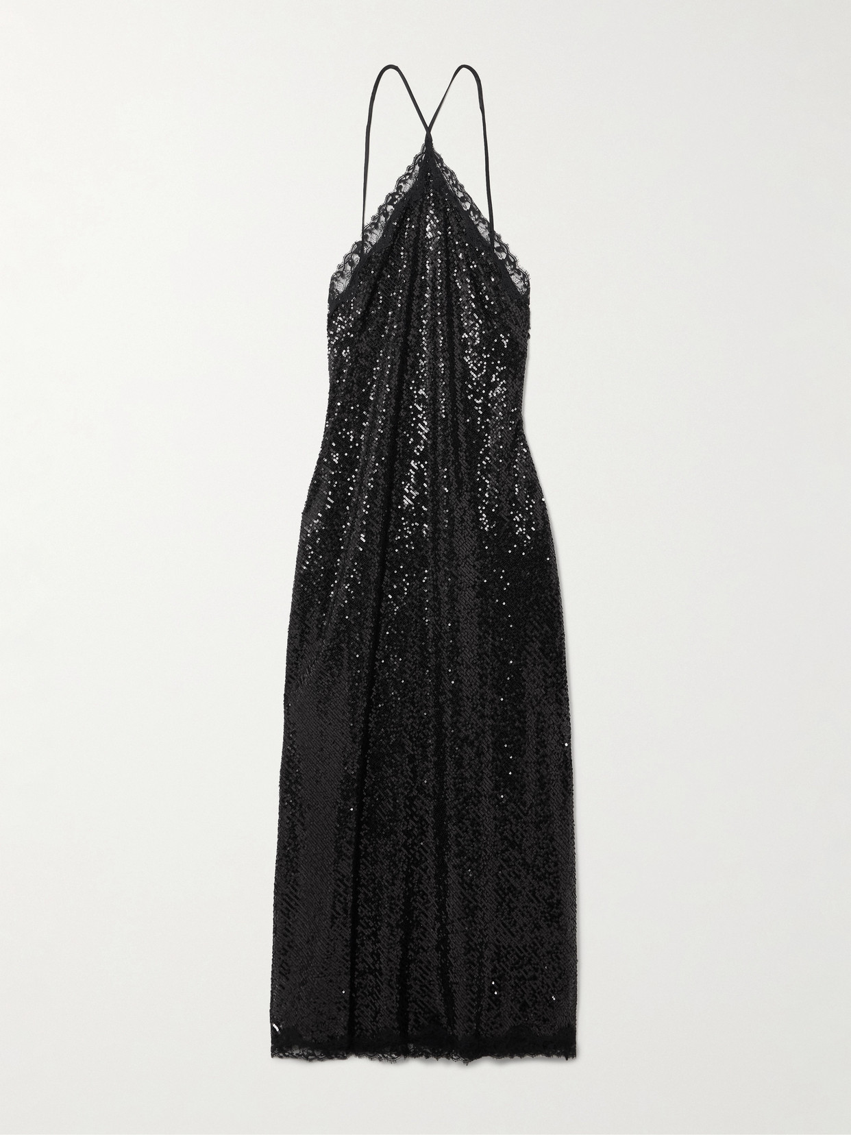 Rixo London Harlan Lace-trimmed Sequined Tulle Halterneck Midi Dress In Black