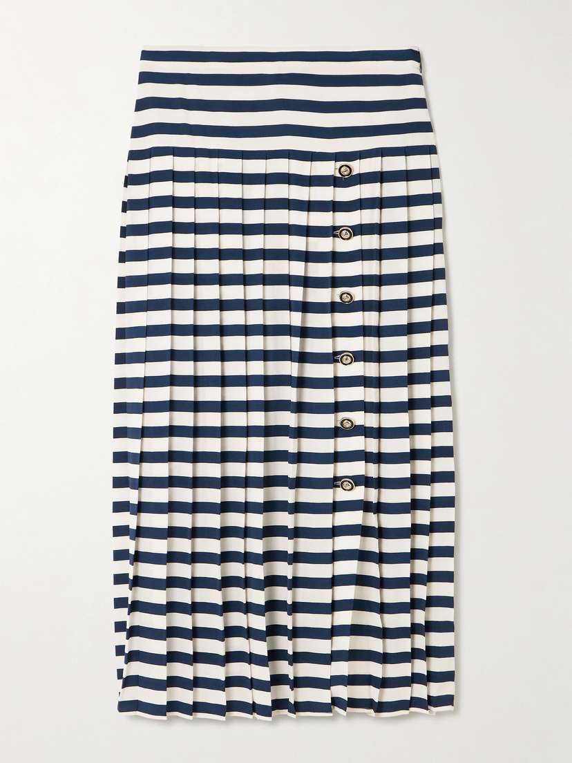 Rixo Una Pleated Striped Silk Crepe De Chine Midi Skirt