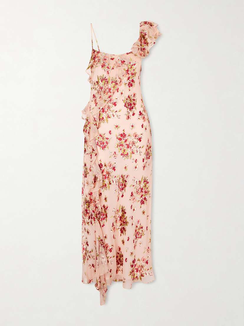 Rixo Asymmetric Floral-print Chiffon And Dévoré-velvet Maxi Dress