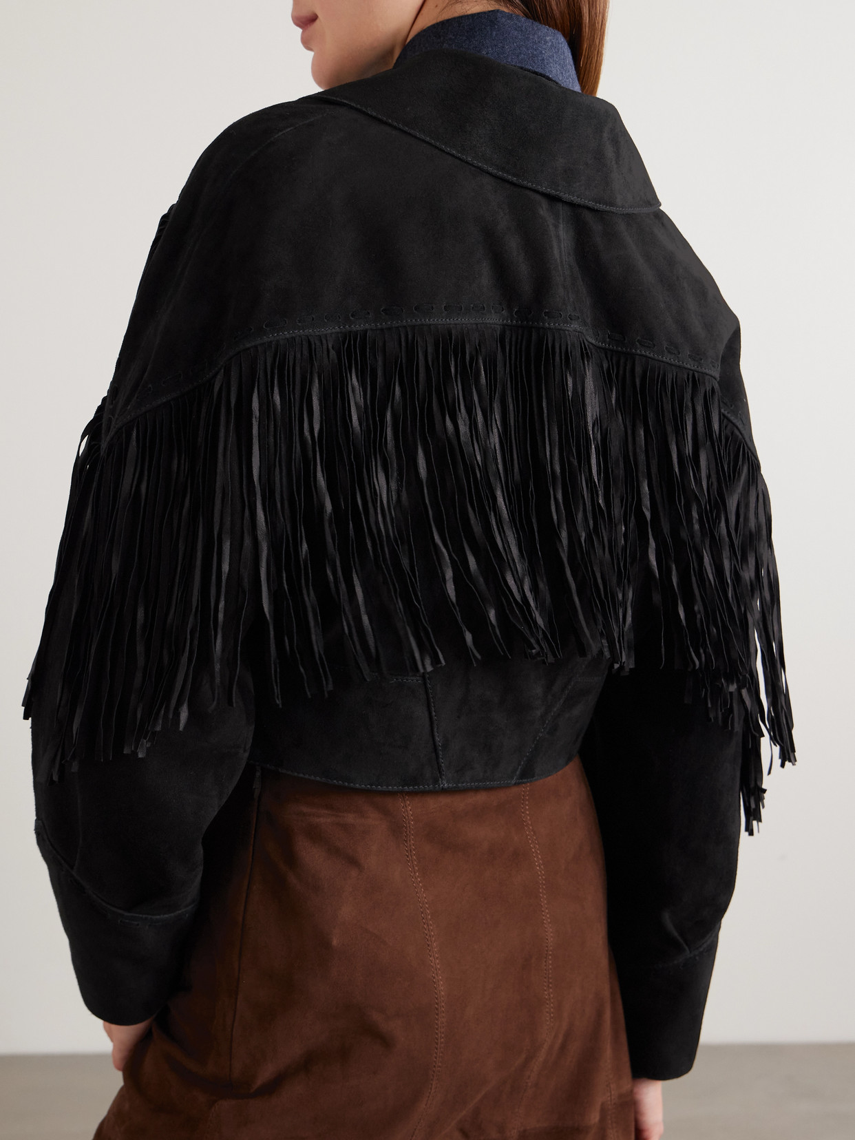 Rixo London Darragh Fringed Double-breasted Suede Jacket In Black